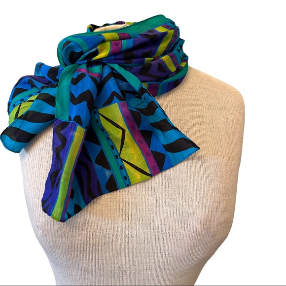 Liz Claiborne Vintage Silk Geometric Turquoise Purple Green Scarf - Picture 2 of 8